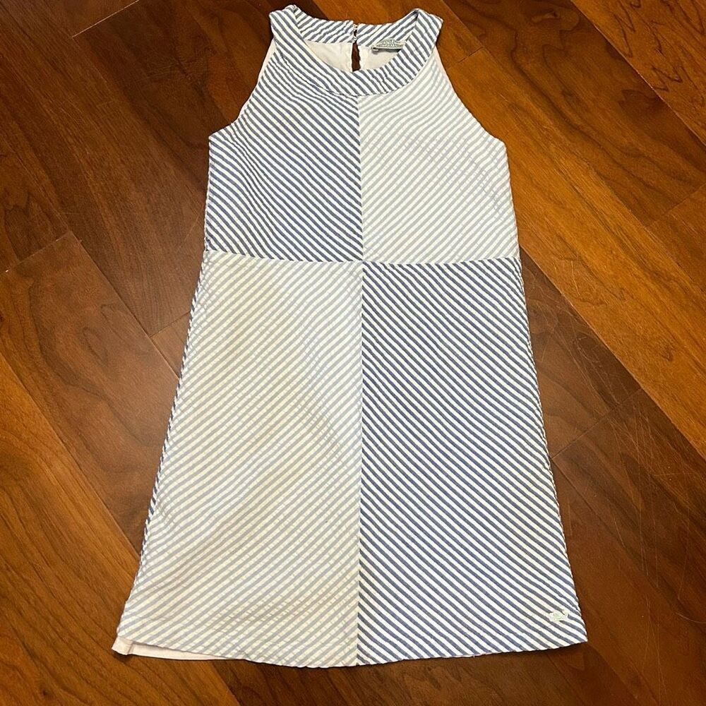 Vineyard Vines girl's seersucker blue and white mixed print 100% cotton dress 14